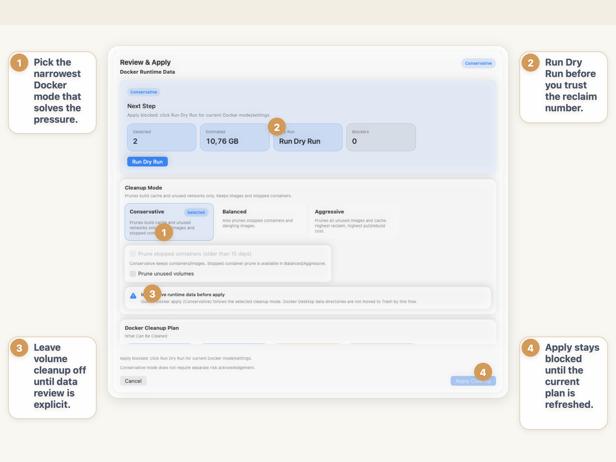 Ecran de nettoyage Docker runtime de StorageRadar montrant le mode conservateur, le statut dry run, le bouton volume et le bouton apply bloque avant revision