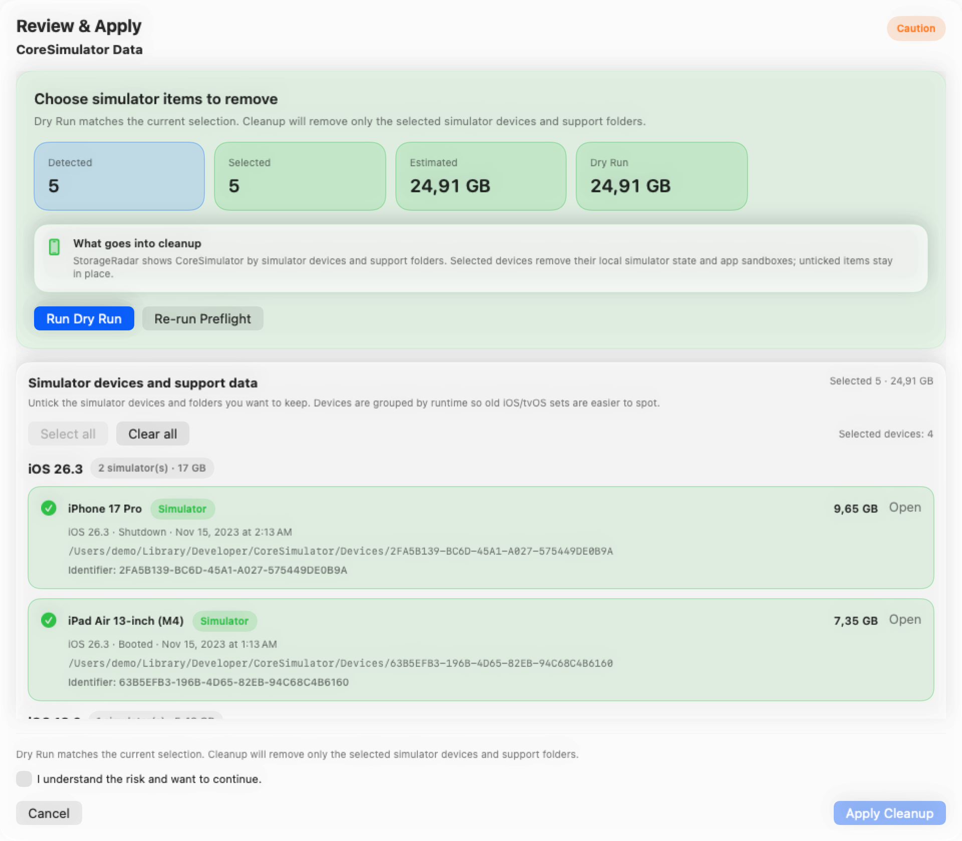 StorageRadar review and apply screen showing caution state, dry run, and selected simulator items before cleanup
