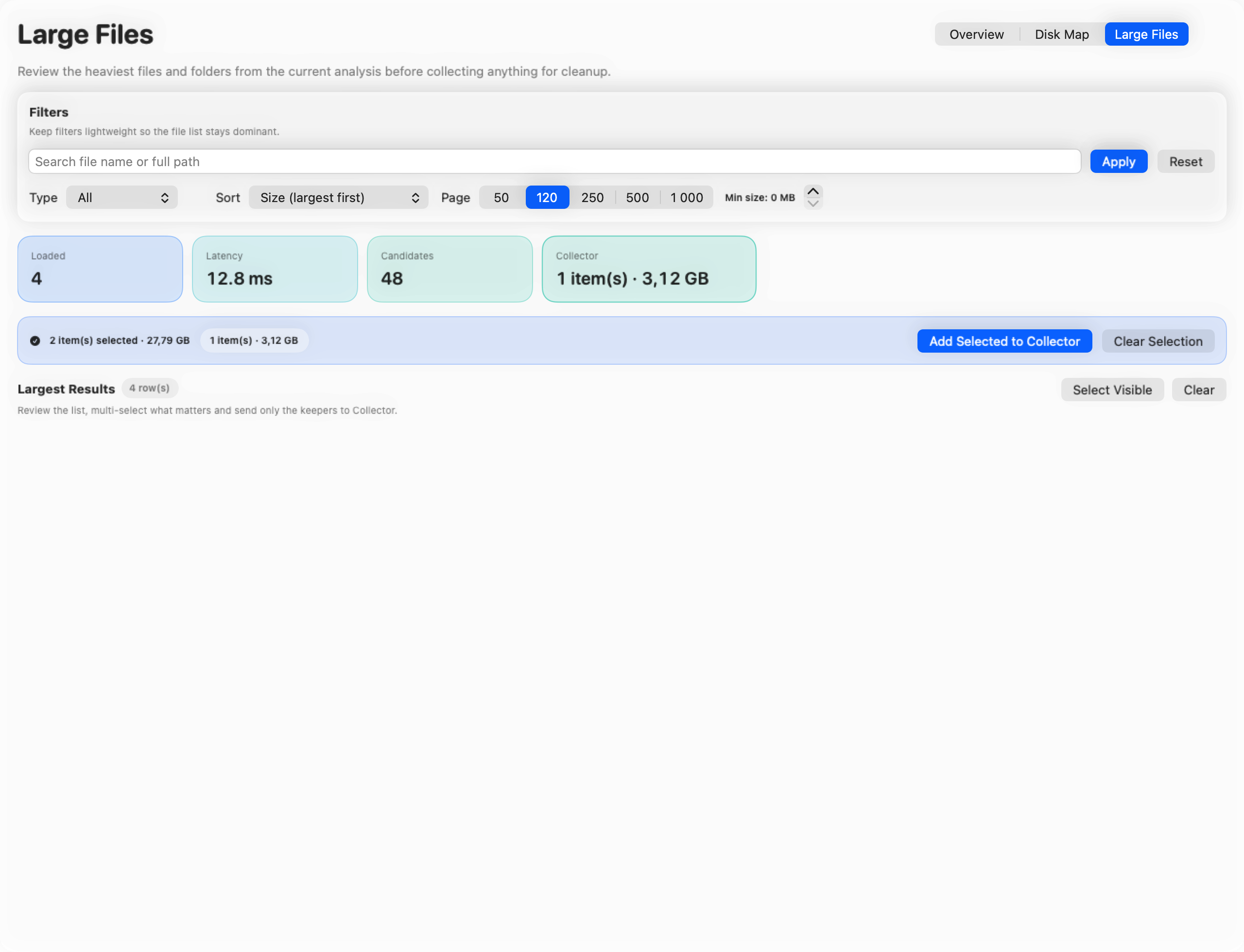 StorageRadar Large Files view showing the biggest current paths before any cleanup action