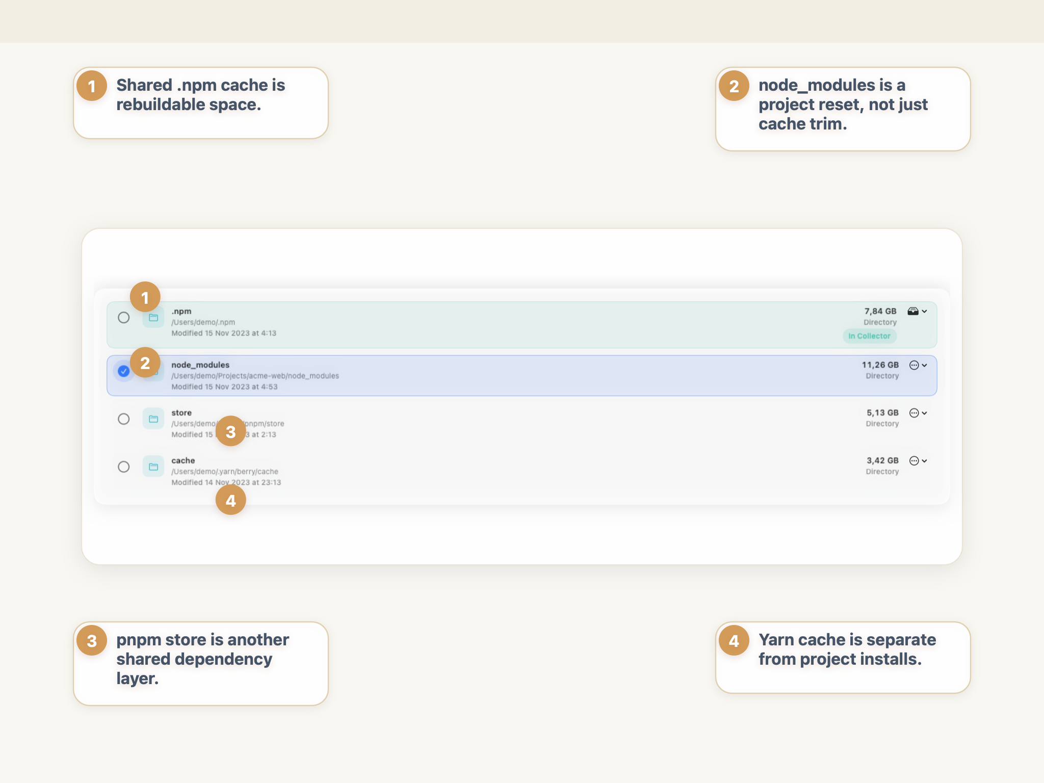 StorageRadar largest developer storage view showing .npm cache, node_modules, pnpm store, and Yarn cache as separate items