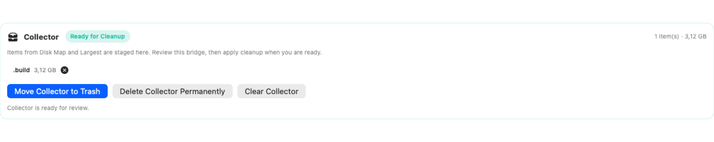 StorageRadar Collector view showing separate actions for moving reviewed items to Trash or deleting them permanently
