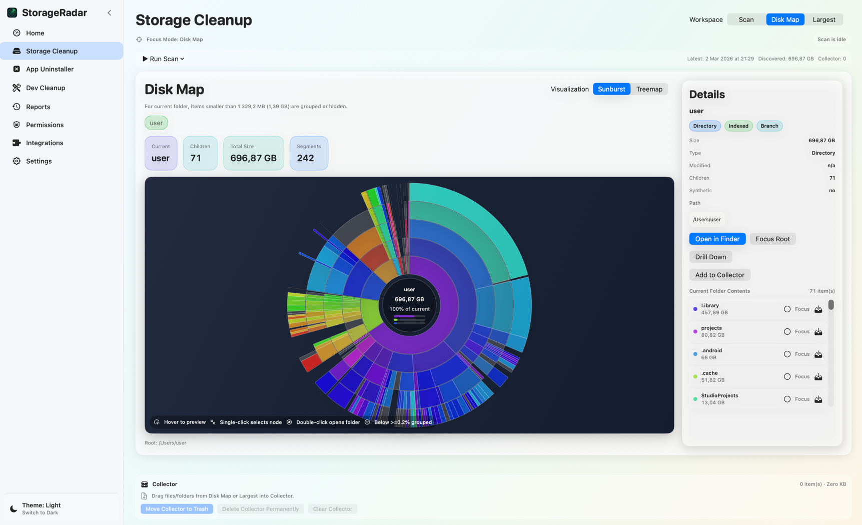 StorageRadar — Disk Map showing treemap visualization of storage usage